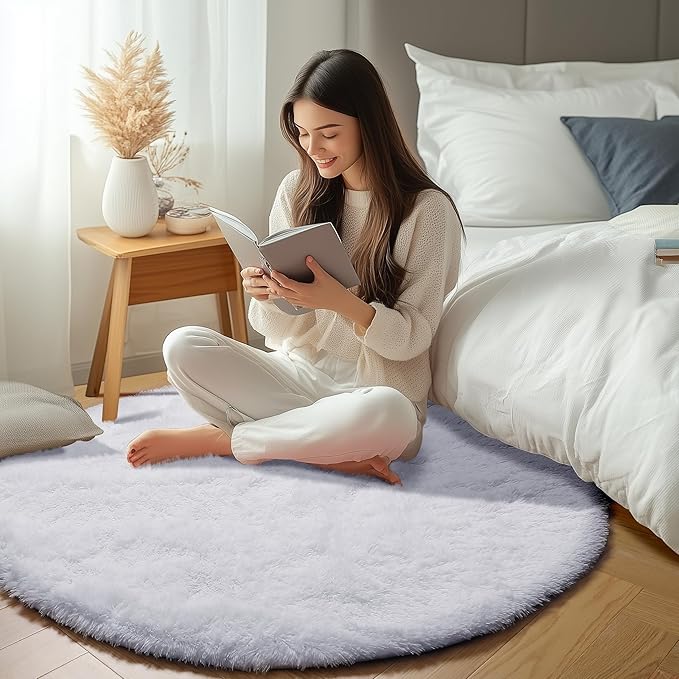 ONASAR White Round Area Rugs 5ft, Soft Bedroom Circle Rug Floor Mat for Kids Girls Boys Teen Room, Fuzzy Plush Shaggy Carpet for Baby Nursery Living Room Playroom Dorm Home Decor