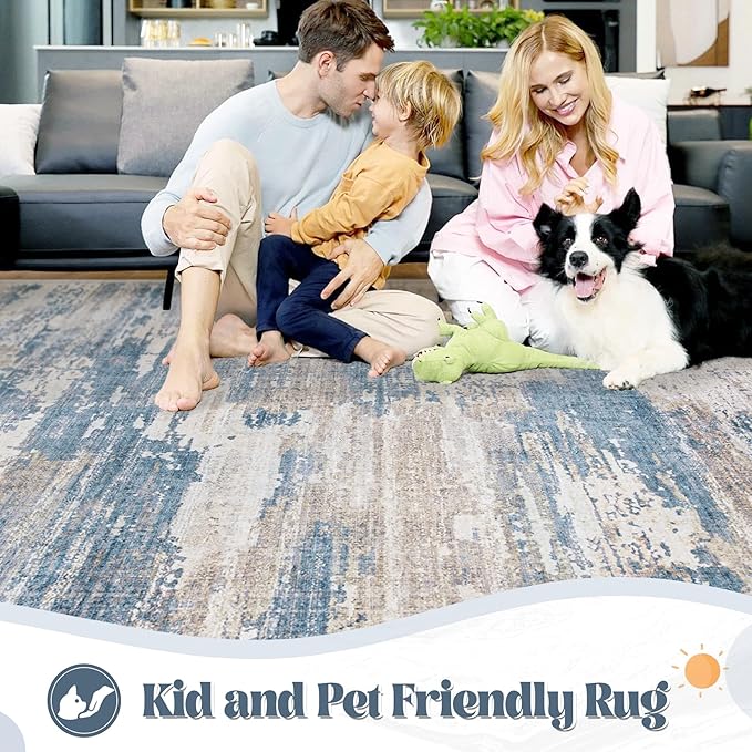 XLUEZ 8x10 Area Rugs for Living Room, Washable Modern Abstract Large Area Rug Neutral Soft Non Slip Kids Rug Stain Resistant Indoor Carpet for Bedroom Nursery Dining Room Playroom(BlueBeige, 8'x10')