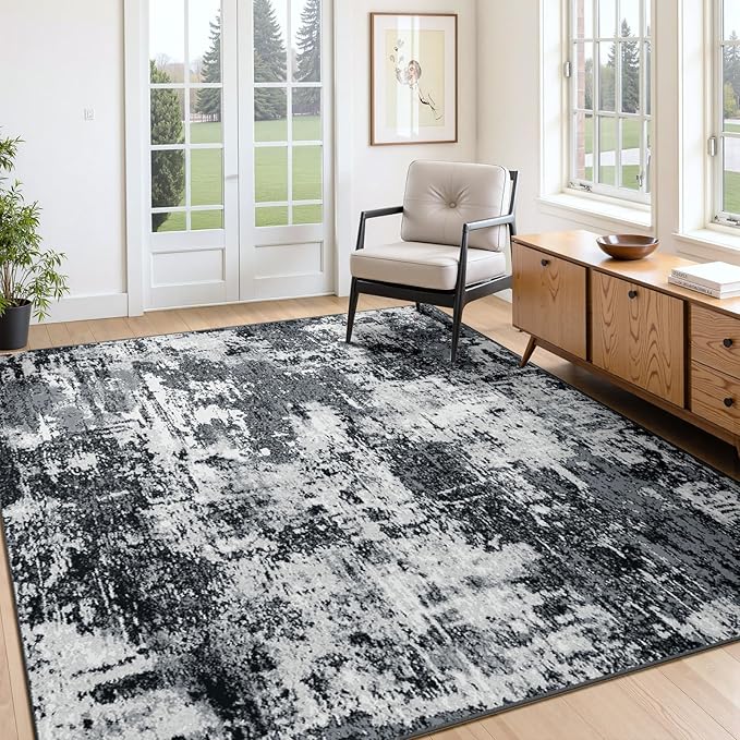 Washable Area Rugs 4'x6' Non-Slip Modern Abstract Soft for Living Room Entryway Bedroom Nursery, Print Pattern, Black Navy Blue Gray