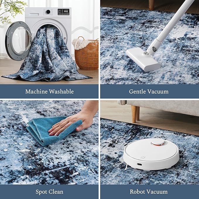 Rugflix 5x7 Area Rugs for Living Room, Washable Large Rug Stain-Resistant Low Pile, Modern Dark Carpet for Dining Room Home Office Kid Room Nursery Bedroom, Navy Blue/Black