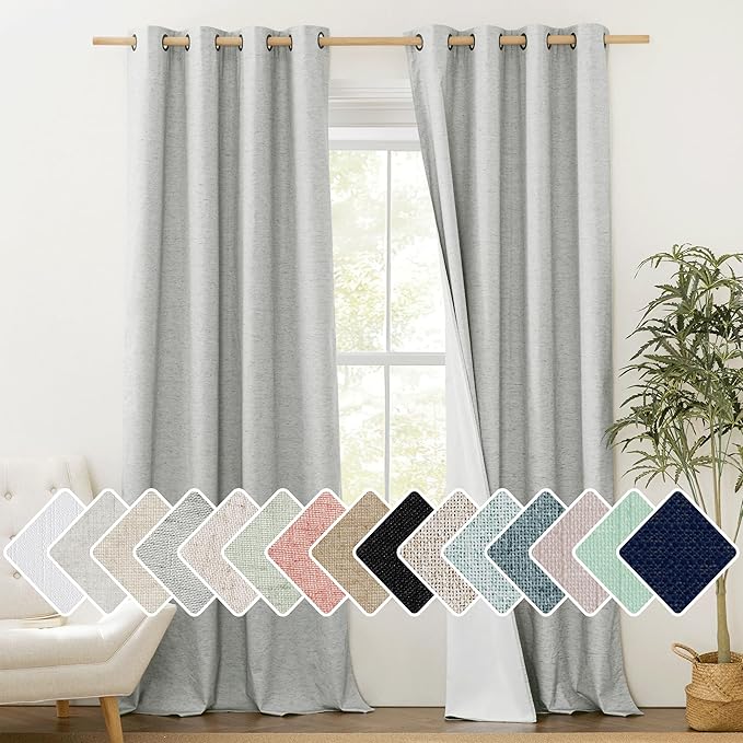 NICETOWN Grey Long Linen Full Shade Panels 2 Panels Set, 52" Wide x 102" Long, Thermal Insulated & Energy Efficiency Blackout Curtains for Living Room, Lined Silky Performance Window Dressing
