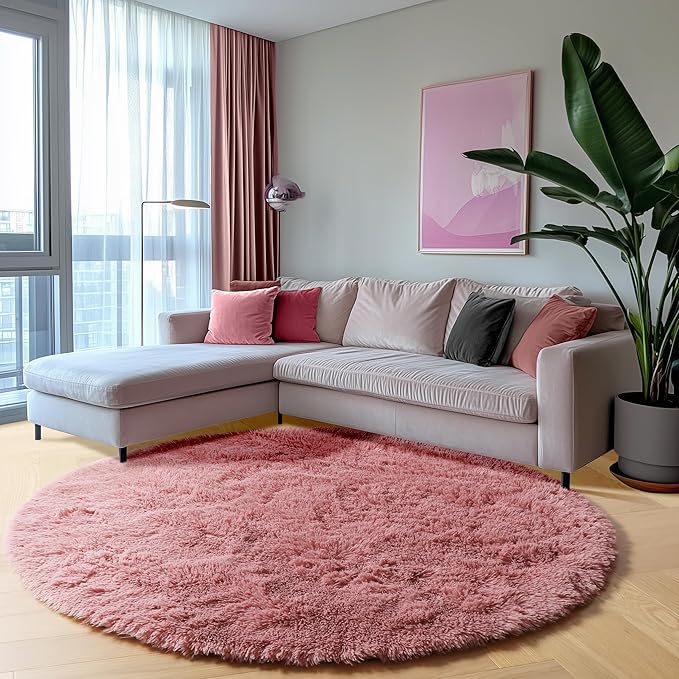 ONASAR Blush Round Area Rugs 4ft for Bedroom Living Room, Fluffy Circle Rug for Kids Girls Boys Teen, Soft Plush Shaggy Carpet for Nursery Dorm Classroom Playroom Home Decor Aesthetic