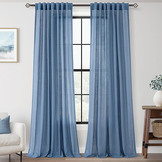 Denim Blue Curtains for Living Room Back Tab Modern Farmhouse Semi Sheer Blue Curtains 92 inches Long 2 Panels Set Muted Neutral Window Curtain for Dining Room Bedroom 52x92