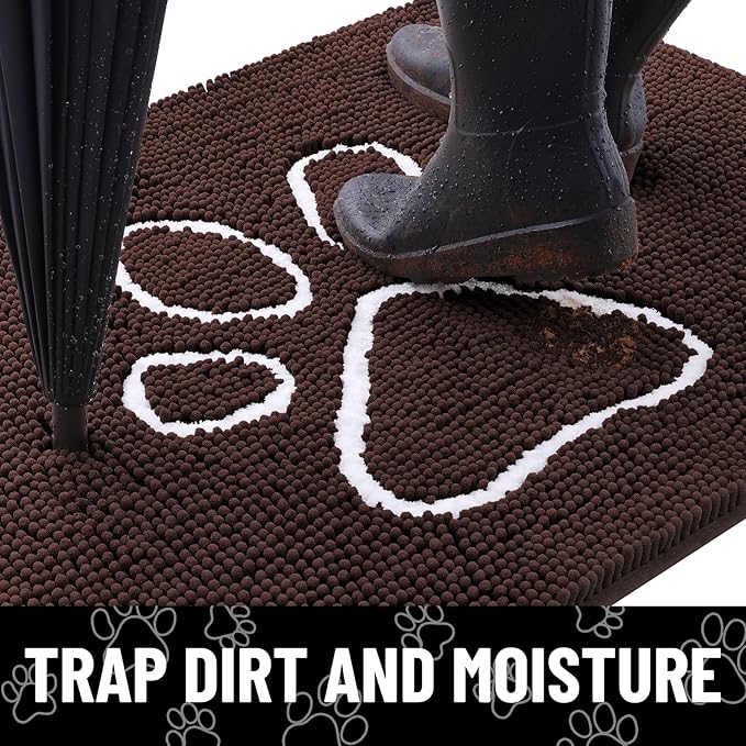 Smiry Dog Door Mat for Muddy Paws, Absorbent Dirt Trapper Non Slip Quick Dry Washable Chenille Mat for Mud Dogs, Entry Rug for Indoor and Outdoor (47x20 Inches, Brown and White)