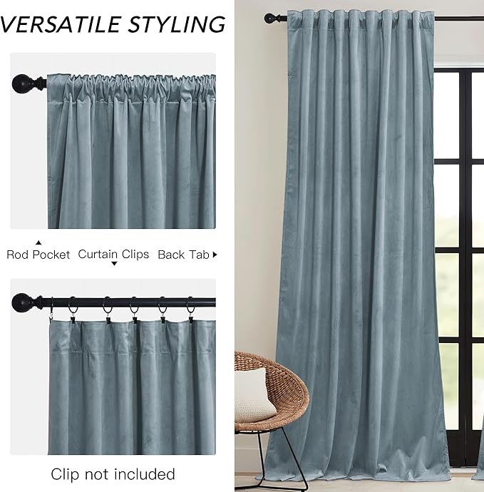 RYB HOME Stone Blue Velvet Curtains 102 inches with Hook Belt, Soft Fabric Room Darkening Thermal Insulated Luxurious Home Decor Curtains for Living Room Bedroom, W 52" x L 102", 2 Panels Set