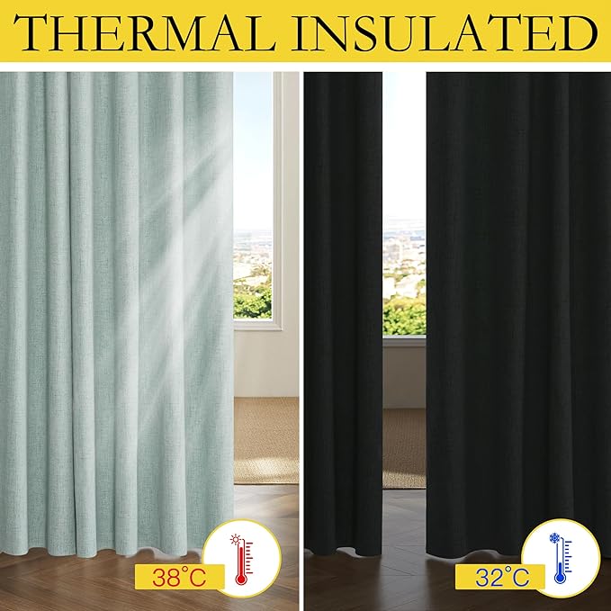NICETOWN 100% Absolutely Blackout Linen Curtains with Thermal Insulated White Liner, Seafoam Green, 52 inches Wide, 84 inches Length Energy Saving Drapes for Living Room 2 Panels Set, Vertical Blinds
