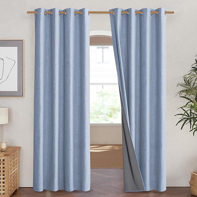 NICETOWN Stone Blue Vintage Linen 100% Blackout Curtains for Living Room, Thermal Insulated Curtains 90" Long, Noise Reducing Window Treatment Drapes for Home Cinema, 52" Wide Per Panel, Set of 2