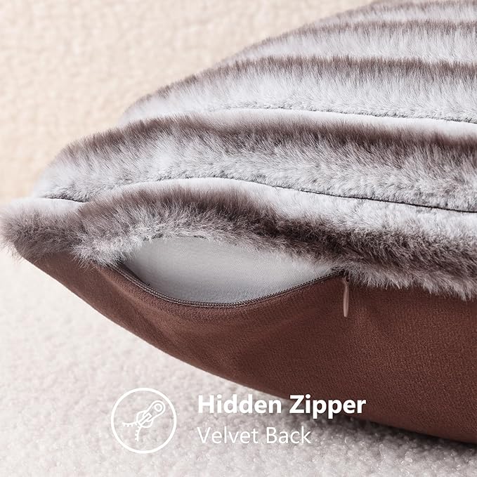 decorUhome Cozy Faux Fur Throw Pillow Covers 22x22 Set of 2 Decorative Soft Plush Striped Modern Farmhouse Boho Couch Euro Sham Pillow Cases with Velvet Back for Sofa Bed Living Roomr, Brown White