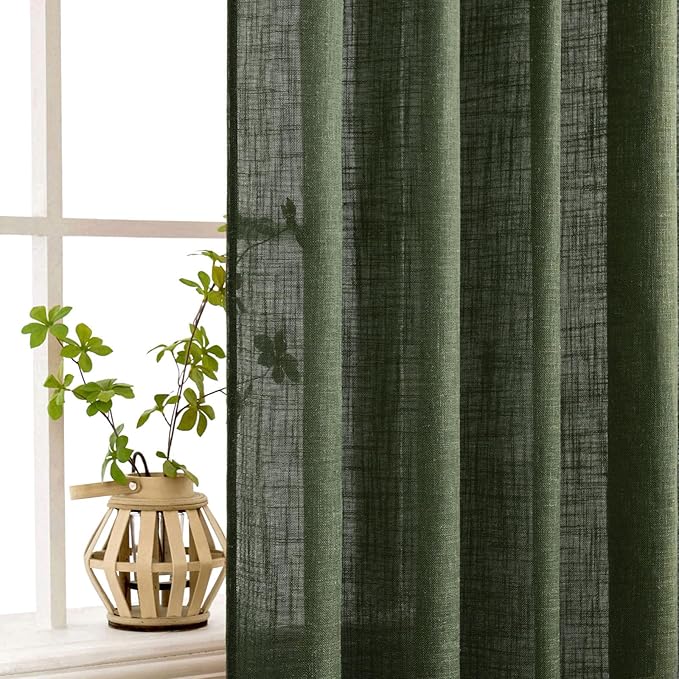 MIULEE Olive Green Short Linen Curtains 45 Inch Length 2 Panels for Kitchen Bedroom Bathroom, Soft Thick Linen Textured Basement Window Drapes Semi Sheer Light Filtering Back Tab Burlap Look Decor