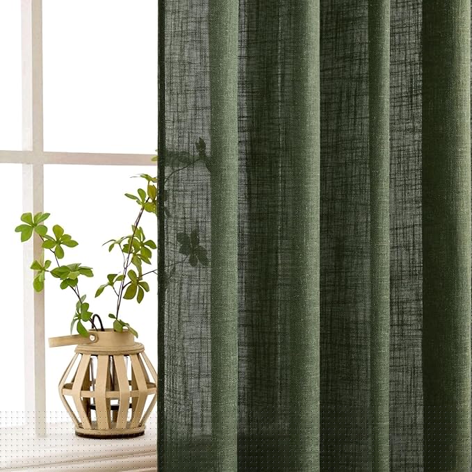 MIULEE Olive Green Linen Curtains 54 Inch Length 2 Panels for Bedroom Living Room, Soft Thick Linen Textured Natural Short Window Drapes Semi Sheer Light Filtering Back Tab Burlap Look Decor