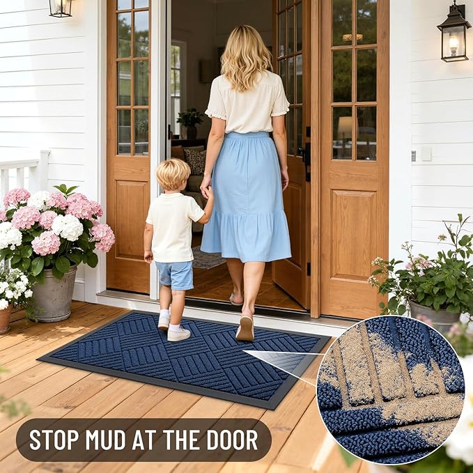 OLANLY Front Door Mat Outside Entrance 71x47, Absorbent, Heavy Duty Sturdy Natural Rubber Doormat Indoor Outdoor, Stain Fade Resistant, Non-Slip Low Profile Floor Mat for Entryway, Navy Blue Diamond