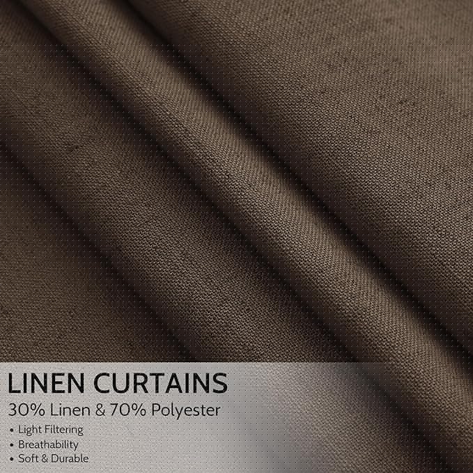 Nanspring Chocolate Linen Blend Light Filtering Back Tab Curtains 96 Inches Long, Semi Sheer Privacy Drapes for Living Room & Bedroom, 52x96 inch, 2 Panels