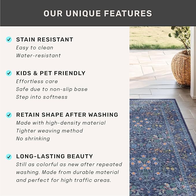 Hazo Haus Non Slip 2x10 Dark Blue Hallway Runner - 10ft Long Runner Rugs, Washable Kitchen Floor Mat - Vintage Navy Floral Design Décor