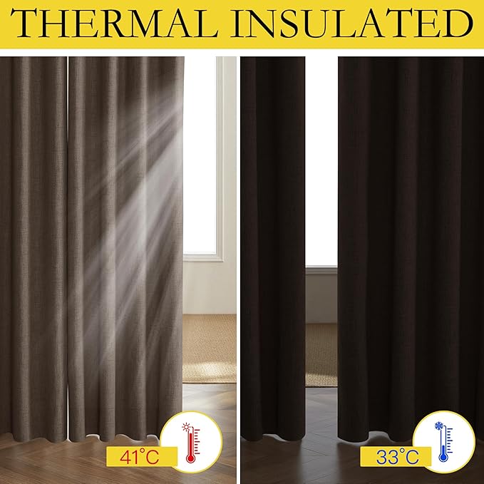 NICETOWN Coffee Vintage Linen 100% Blackout Curtains for Living Room, Thermal Insulated Curtains 102" Long, Noise Reducing Window Treatment Drapes for Hall Room, 52" Wide Per Panel, Set of 2
