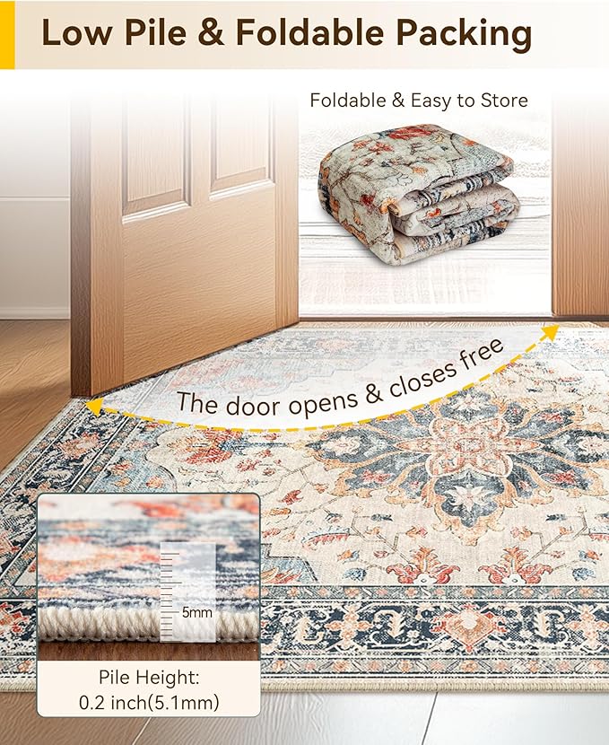 RELEANY Area Rugs 3'x8' Runner Rug Non Slip Washable for Kitchen Hallway Bedroom Beside Laundry Room Bathroom Rug, Floor Carpet, Beige Navy Blue Orange Colorful