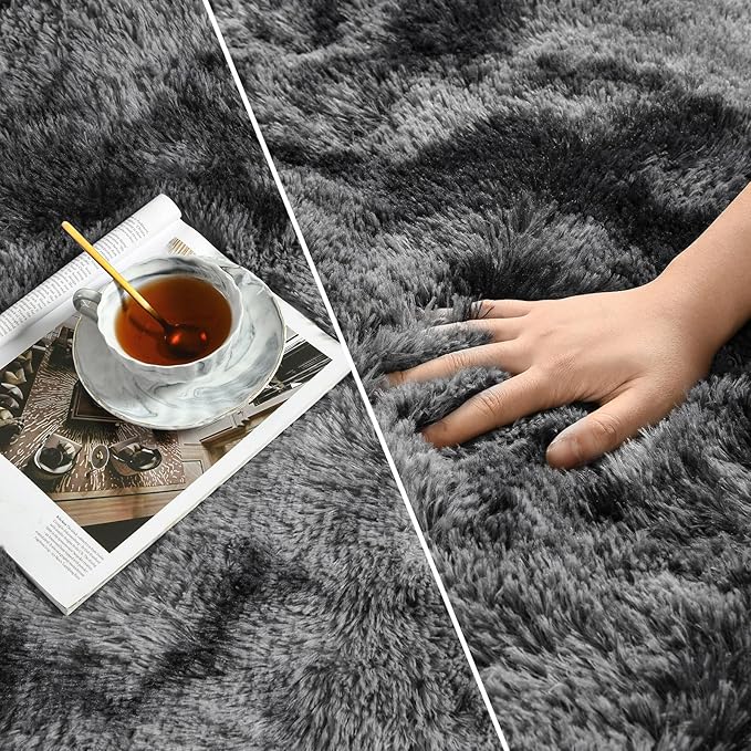 Deerhoo Large Shag Area Rugs 8 x 10, Tie-Dyed Plush Fuzzy Rugs for Living Room, Ultra Soft Fluffy Furry Rug for Bedroom, Indoor Carpet Nursery Rugs for Kids Room Home Decor, Dark Grey