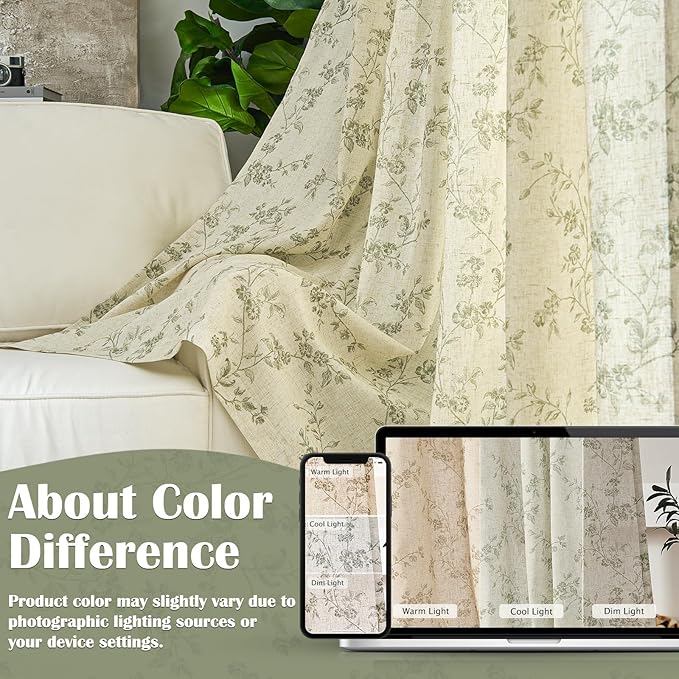 Lazzzy Farmhouse Linen Curtains Green Floral Curtains 96 Inch Length Back Tab Drapes for Living Room Bedroom Light Filtering Country Vintage Rod Pocket Curtain, 2 Panels, Green on Beige