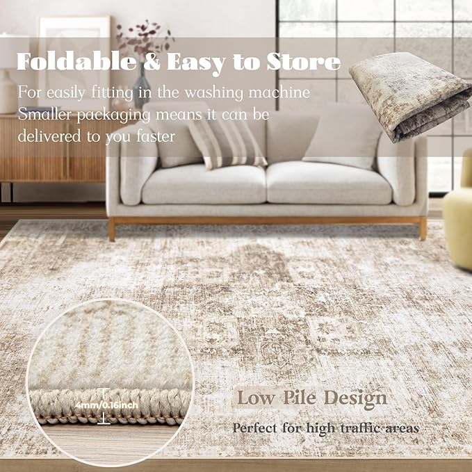 Area Rug 10x14 Washable Rug, Vintage Boho Medallion Rugs Non-Slip Soft Low Pile Large Distressed Rug Indoor Retro Carpet for Living Room Bedroom Dining Room Home Office (Brown, 10'x14')