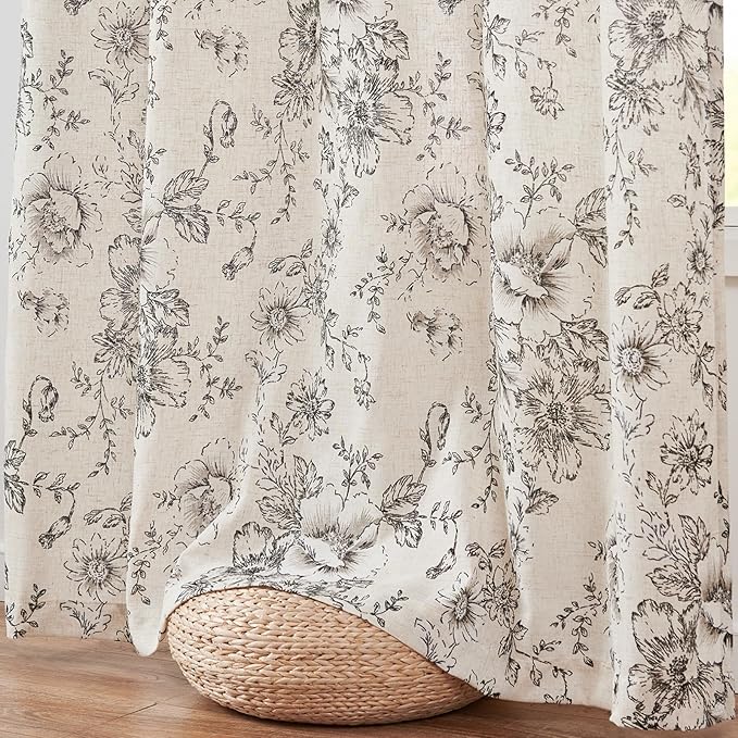 jinchan Lined Linen Blend Curtain Floral Curtains for Living Room 63 Inch Length Black Peony Flower Printed Curtain Back Tab Farmhouse Patterned Drapes Bedroom Window Curtains Set 2 Panels