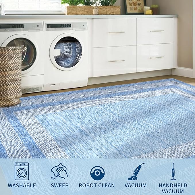 GarveeHome 10x13 Large Washable Geometric Area Rug Non Slip Non Shedding Floor Carpet, Modern Bordered Distressed Light Blue Indoor Printed Rug for Living Room, Bedroom, Office