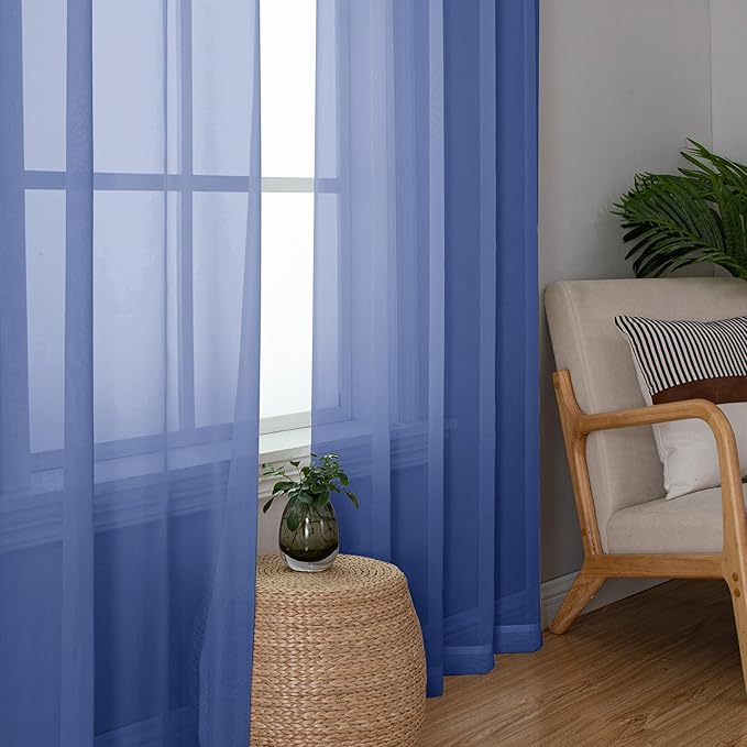 Simplebrand Royal Blue Sheer Curtains 96 Inches Long 2 Panels, Light Filtering Rod Pocket Solid Color Window Sheer Curtain Panels, Elegant Curtains & Drapes for Living Room, Bedroom, 42" W x 96" L