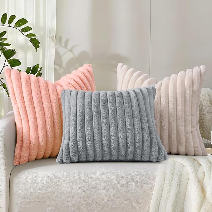 decorUhome Summer Cozy Faux Fur Throw Pillow Covers 26x26 Set of 2 Decorative Plush Striped Modern Farmhouse Boho Couch Euro Sham Pillow Cases with Velvet Back for Sofa Bed Living Room, Blush Pink