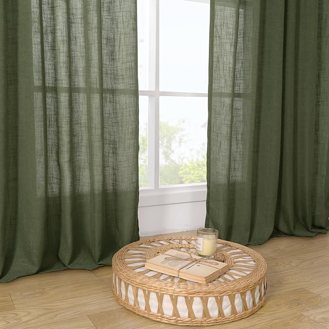 LAMIT Light Filtering Linen Curtains 80 inch for Living Room, Linen Textured Semi Sheer Back Tab and Rod Pocket Boho Modern Christmas Decor Drapes for Bedroom, Olive Green, 2 Panels, 52 x 80 Inch