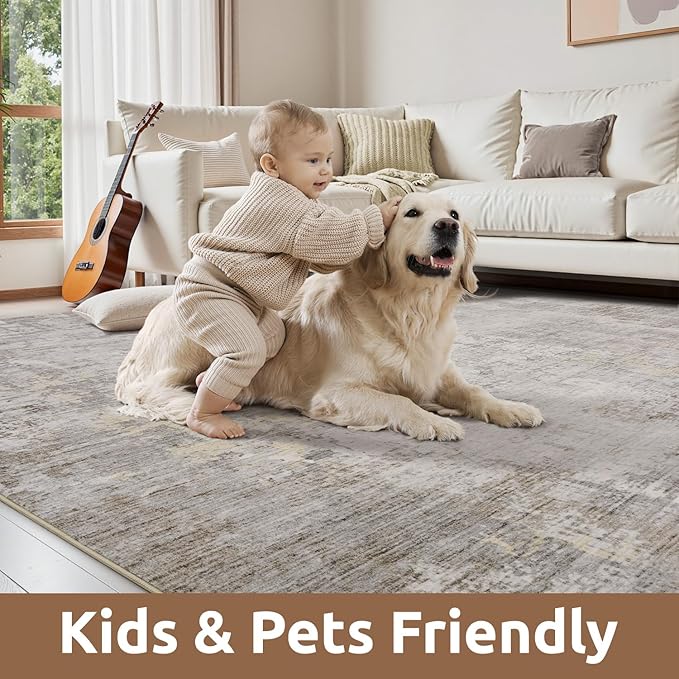 AMOAMI 2 x 8 Hallway Runner Rug Non Slip Super Soft Long Runner Rugs Machine Washable Low Pile Modern Abstract Runners for Hallways for Bedroom Laundry Room Kitchen, Beige