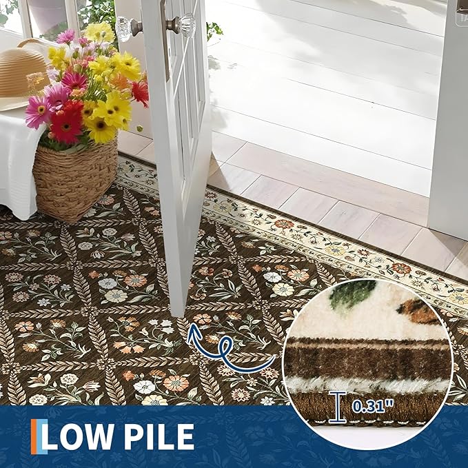 6x9 Machine Washable Area Rugs for Living Room Floral Stain Resistant Soft Carpet Vintage Low Pile Non Slip Non-Shedding Floor Carpet Rugs for Bedroom Nursery Brown