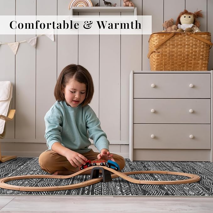 4x5 Washable Entryway Area Rug: Modern Moroccan Runner Rugs Indoor Soft Non Slip Door Mat for Living Room Low Pile Thin Floor Carpet for Kitchen Dining Room Bedroom Home Office Decor(4x5,Black)