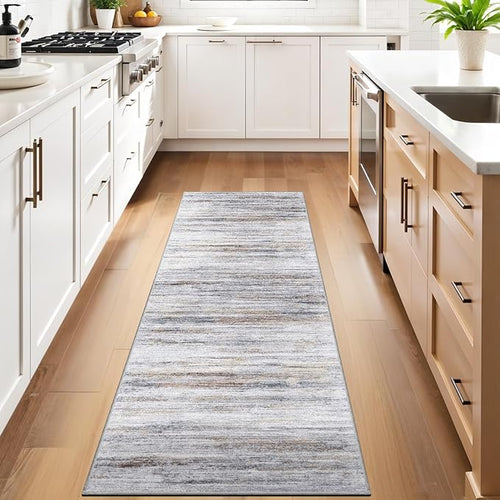 3x7 Washable Runner Rug for Family: Easy-to-Clean Runners for Hallway Entryway Kitchen Bedroom - Stain and Water Resistant Rugs with Non-Slip Backing - Soft Low-Pile Carpet Beige Grey