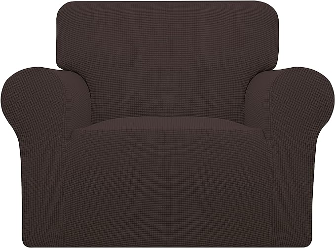 Easy-Going Stretch Chair Sofa Slipcover 1-Piece Couch Sofa Cover Furniture Protector Soft with Elastic Bottom for Kids, Pet. Spandex Jacquard Fabric Small Checks (Chair, Chocolate)