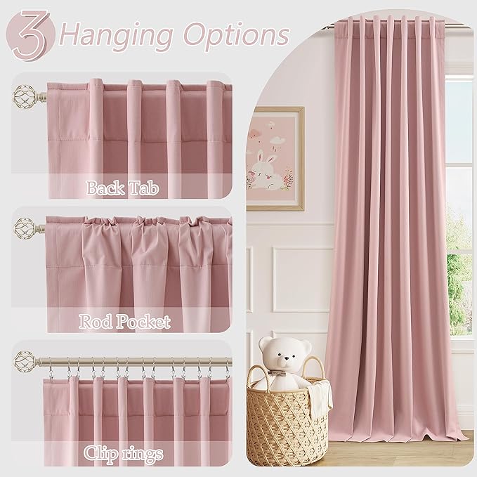 Guken 100% Blackout Linen Curtains 84 Inch 2 Panels Set for Girl's Bedroom, Living Room, Nursery, Back Tab Thermal Insulated Black Out Drapes Room Darkening, Pink