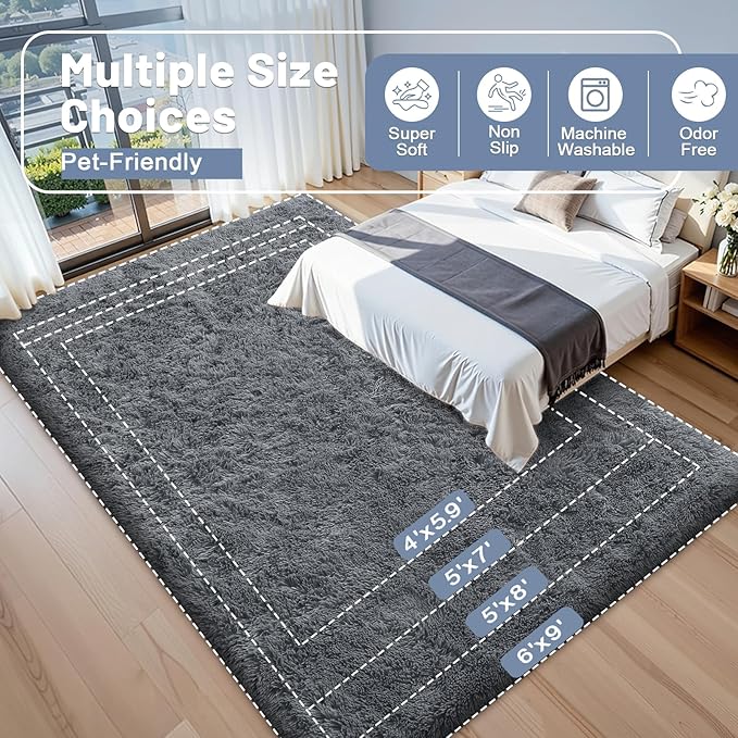 OLANLY 4x12 Area Rugs for Living Room Bedroom, Machine Washable Soft Fluffy Shaggy Bedside Rug, Indoor Floor Carpet for Kids Girls and Boys, Dorms, Nursery Rooms, Home Decor Aesthetic, Grey