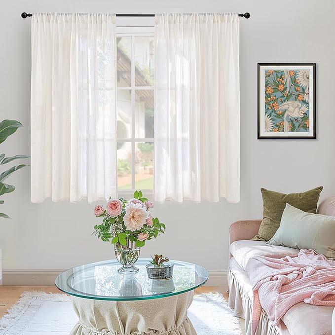 BGment Short Linen Curtains 54 Inch Length for Living Room - Rod Pocket Light Filtering Drapes Semi Sheer Textured for Bedroom Country Decorative Lightweight Natural Rustic, 2 Panels Set, 42 X 54 Inch