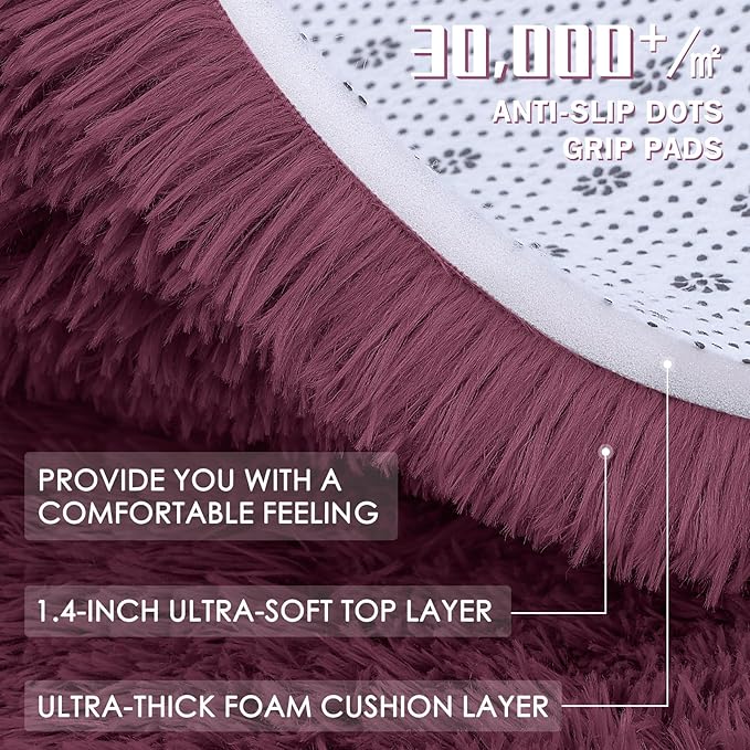OLANLY Burgundy Round Rugs for Bedroom - Machine Washable, 4 ft Circle Area Rugs for Living Room, Soft and Fluffy Shaggy Carpet for Teen Girls and Boys, Nursery Rooms, Dorms, Home Decor Aesthetic