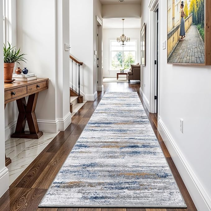 2x12 Washable Runner Rugs for Hallway: Long Abstract Runners for Entryway Dining Room Office - Stain and Water Resistant Rugs with Non-Slip Backing - Soft Low-Pile Carpet Navy Grey