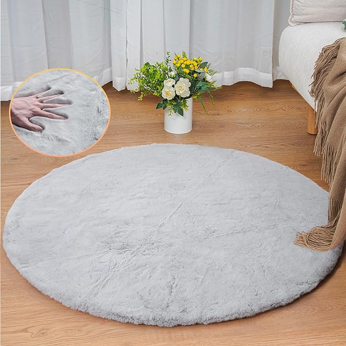 ORINOVA Grey Round Rug 3ft Machine Washable Shaggy Area Rugs for Living Room Faux Bunny Fluffy Fur Rug for Bedroom Small Circle Nursery Rug