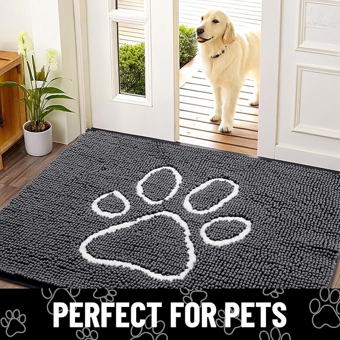 Smiry Dog Door Mat for Muddy Paws, Absorbent Dirt Trapper Non Slip Quick Dry Washable Chenille Mat for Mud Dogs, Entry Rug for Indoor and Outdoor (36x24 Inches, Dark Grey and White)
