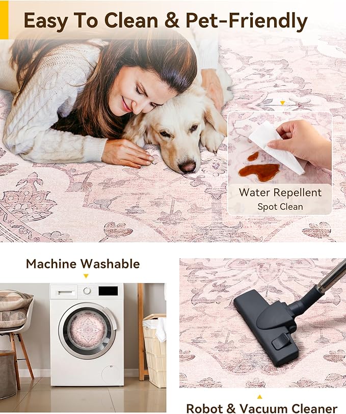 Area Rugs 7ft Washable Non-Slip, Floral Vintage Distress Print Pattern Medallion Carpet for Living Room Bedroom Dining Room, Pink Greypink Cute