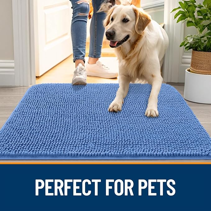 OLANLY Dog Door Mat for Muddy Paws 50x30, Absorbs Moisture and Dirt, Absorbent Non-Slip Washable Doormat, Quick Dry Chenille Mud Mat, Entry Indoor Entryway Carpet for Inside Floor, Cornflower Blue