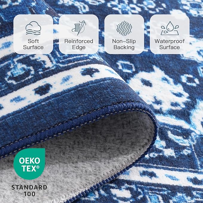 Lofus 6x9 Area Rugs for Living Room, Machine Washable Non-Slip Area Rug, Low Pile Large Rugs for Bedroom, Kitchen, Dining Room, Home Office, Vintage Oriental Print Rug, Dark Blue with White