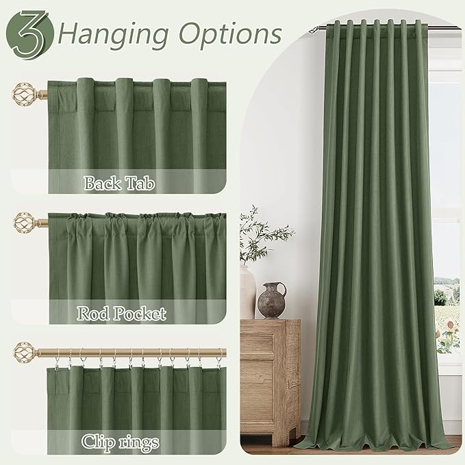 Guken Olive Green 100% Blackout Curtains 90 Inch Length 2 Panels Set for Living Room Bedroom Back Tab Thermal Insulated Black Out Linen Drapes Room Darkening Window Curtains 90 Inches Long
