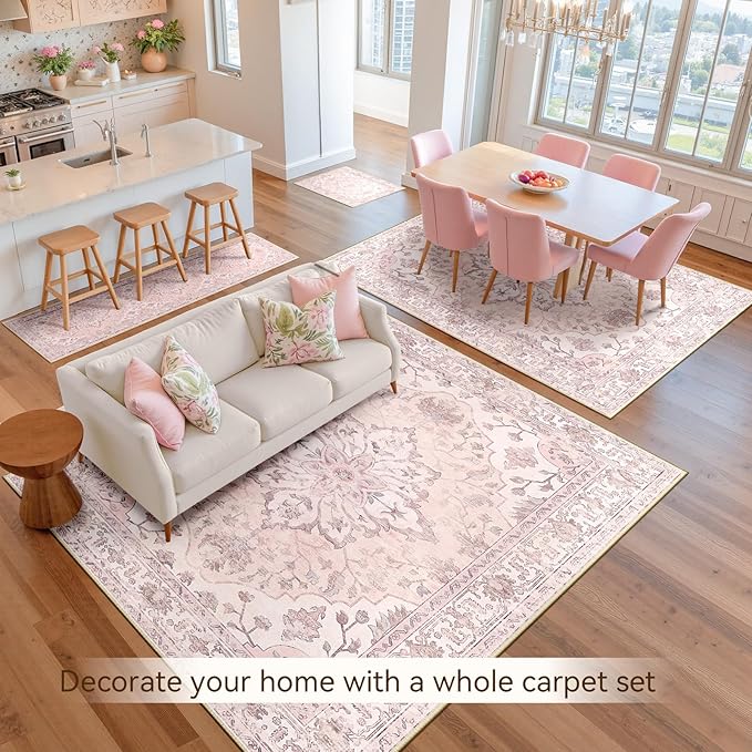 RELEANY Area Rugs 2'x6' Runner Rug Non Slip Washable for Kitchen Hallway Bedroom Beside Laundry Room Bathroom Rug, Floor Carpet, Pink Greypink Cute