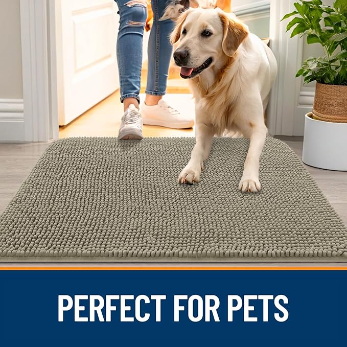 OLANLY Dog Door Mat for Muddy Paws 50x30, Absorbs Moisture and Dirt, Absorbent Non-Slip Washable Doormat, Quick Dry Chenille Mud Mat, Entry Indoor Entryway Carpet for Inside Floor, Warm Taupe