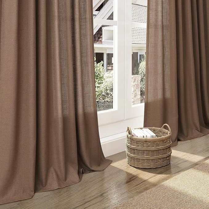 Caramel Brown Linen Curtains for Living Room Extra Long 132 Inches Long Back Tab Light Filtering Semi Sheer Curtain Vintage Rustic Decor Floor to Ceiling High Window for Bedroom 52x132, 2 Panels