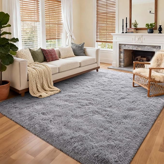 4x6 Ft Shag Rugs for Bedroom Living Room, Ultra Soft Fluffy Furry Area Rugs for Indoor Floor, Aesthetic Carpet for Kids Home Decor (Light Grey)