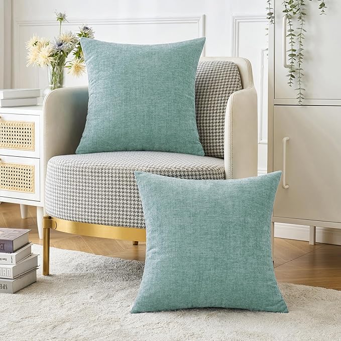 MIULEE Pack of 2 Couch Throw Pillow Covers 18x18 Inch Soft Aqua Green Chenille Pillow Covers for Sofa Living Room Spring Home Decor Couch Solid Dyed Cases