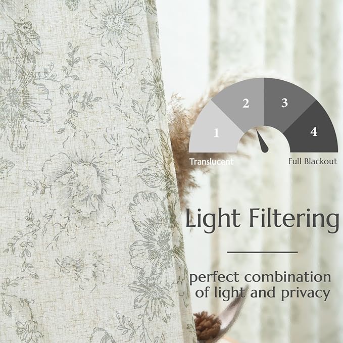 jinchan Linen Blend Floral Curtains for Living Room 90 Inch Length Farmhouse Printed Curtain Rod Pocket Back Tab Sage Green Peony Flower Patterned Drapes Bedroom Curtains Set 2 Panels