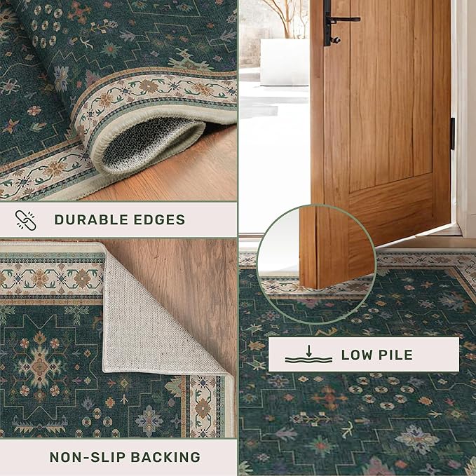 Hazo Haus Dark Green 4x6 Living Room Rug - Modern Vintage Boho Floral Forest, Washable Low Pile Non-Slip Area Rugs for Door Mat Entrance, Mudroom, Kitchen, Bedroom Beside Bed, Office